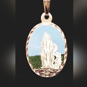 Vintage Hand Engraved Pewter Necklace Of Old Faithful. 18" Long